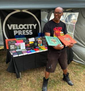 It was a pleasure finally meeting @artjaz05 at Campo Sancho. Thanks for buying both Egostrip books by @danlish1. Who wants to see an ArtJaz book on Velocity Press in 2026? #velocitypress #artjaz #musicbooks #camposancho #danlish #egostripbook1 #egostripbook2